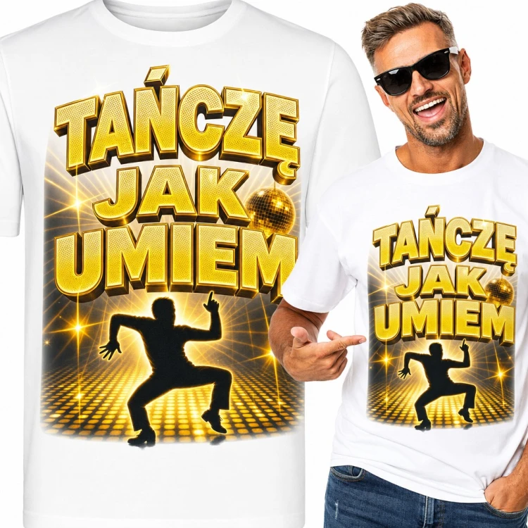 Koszulka męska „Tańczę jak umiem” - tancerz na złotym parkiecie disco