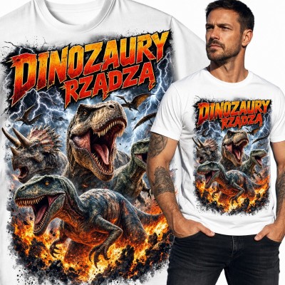 Koszulka męska „Dinozaury rządzą” - T-rex, triceratops i raptory w ogniu