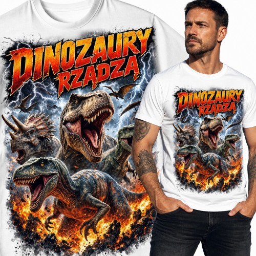 Koszulka męska „Dinozaury rządzą” - T-rex, triceratops i raptory w ogniu