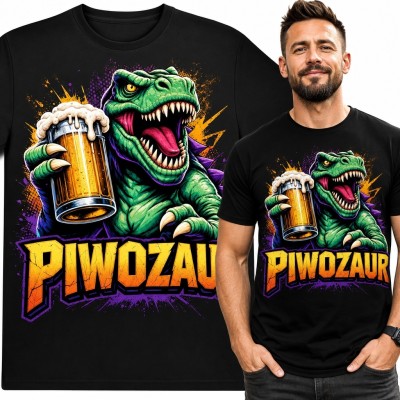 Koszulka męska z dinozaurem i piwem „Piwozaur” - humorystyczny nadruk