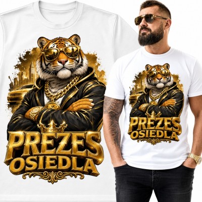 Koszulka męska „Prezes osiedla” - tygrys w złotym łańcuchu i koronie