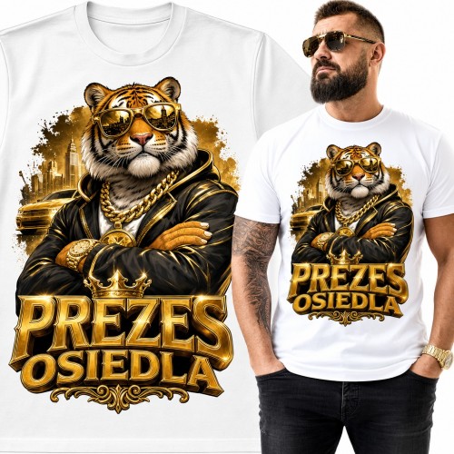 Koszulka męska „Prezes osiedla” - tygrys w złotym łańcuchu i koronie