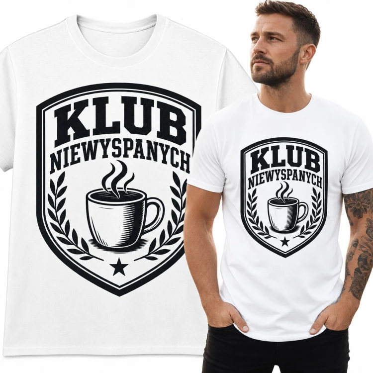 Koszulka męska „Klub niewyspanych” - herb z parującą kawą dla kawosza
