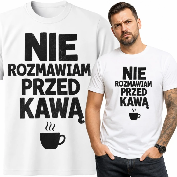 Koszulka męska „Nie rozmawiam przed kawą” z parującą filiżanką dla kawosza