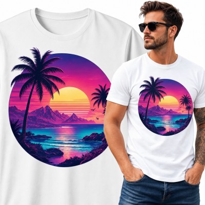 Koszulka męska z tropikalnym zachodem słońca - palmy i góry w stylu synthwave