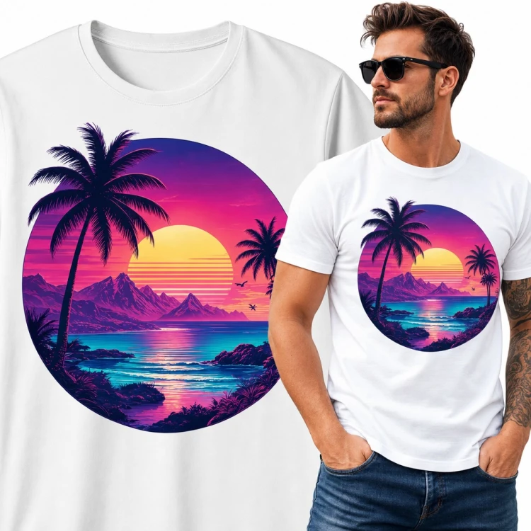 Koszulka męska z tropikalnym zachodem słońca - palmy i góry w stylu synthwave