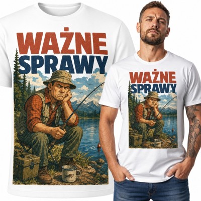 Koszulka męska „Ważne sprawy” - zamyślony wędkarz nad jeziorem dla wędkarza