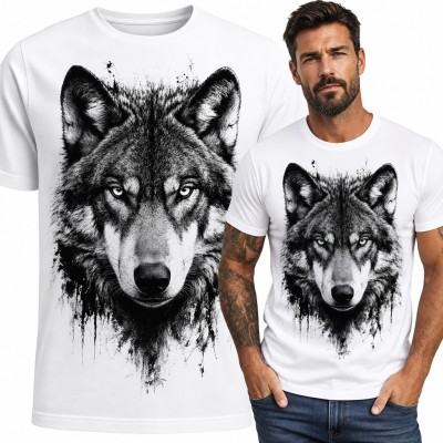 Koszulka męska z głową wilka - czarno-biała grafika w stylu rozlanego tuszu