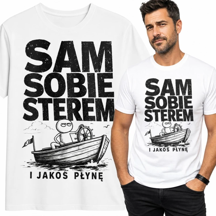 Koszulka męska „Sam sobie sterem i jakoś płynę” - ludzik za sterem łódki dla żeglarza