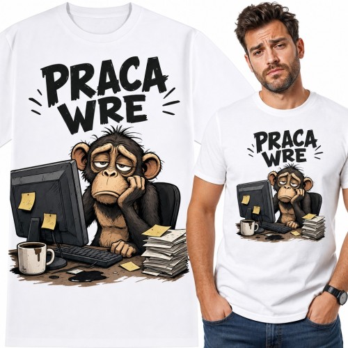 Koszulka męska „Praca wre” - znudzona małpa przy biurku