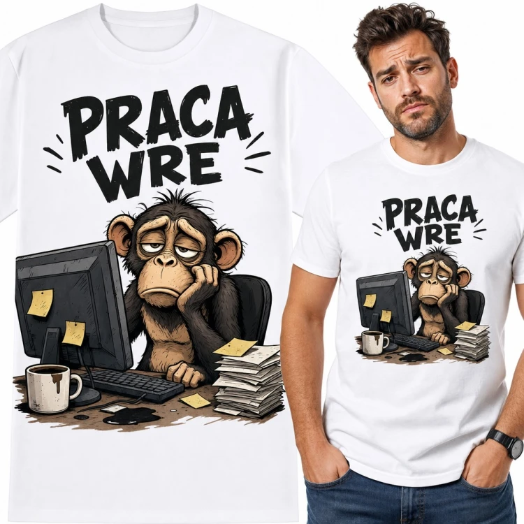 Koszulka męska „Praca wre” - znudzona małpa przy biurku