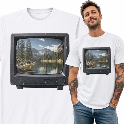 Koszulka męska telewizor retro z górskim jeziorem na ekranie