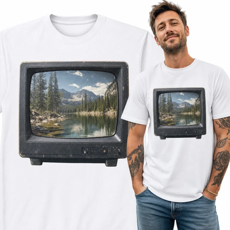 Koszulka męska telewizor retro z górskim jeziorem na ekranie