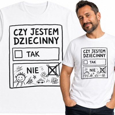 Koszulka męska „Czy jestem dziecinny” - ankieta z bazgrołami dziecka