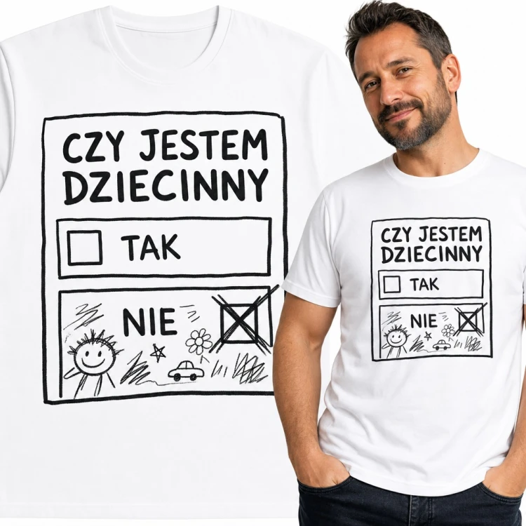 Koszulka męska „Czy jestem dziecinny” - ankieta z bazgrołami dziecka