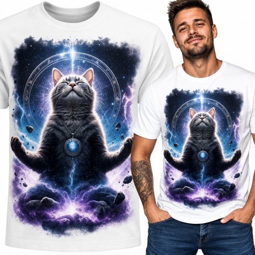 Koszulka męska z medytującym kotem w kosmosie - amulet i magiczny krąg