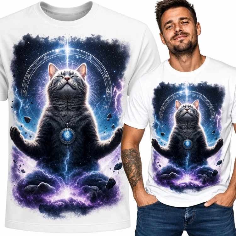 Koszulka męska z medytującym kotem w kosmosie - amulet i magiczny krąg