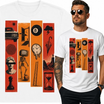 Koszulka męska surrealistyczny kolaż retro - topniejący zegar, bila 8 i klepsydra