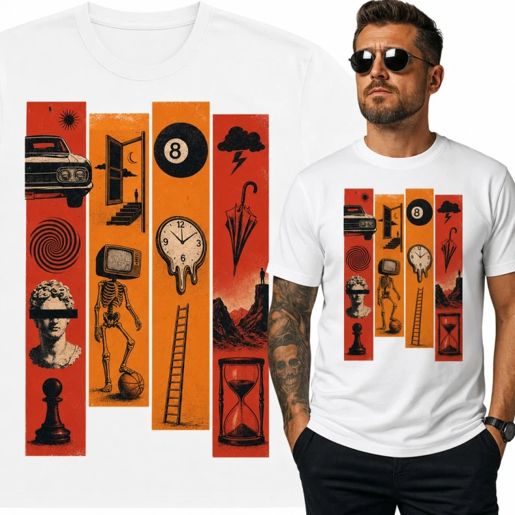 Koszulka męska surrealistyczny kolaż retro - topniejący zegar, bila 8 i klepsydra