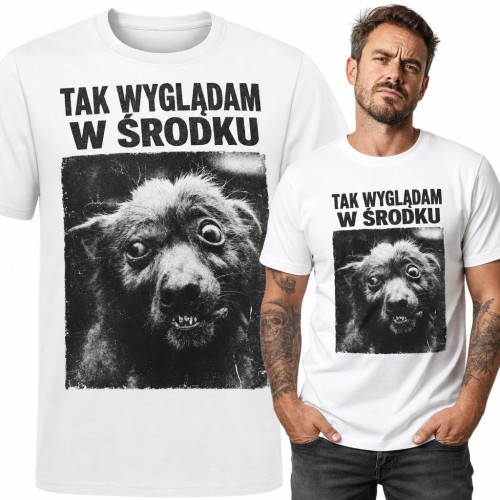 Koszulka męska „Tak wyglądam w środku” - wystraszony pies z wyłupiastymi oczami