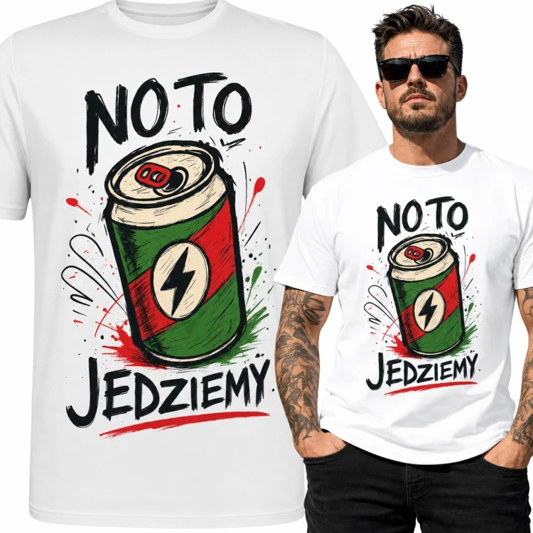 Koszulka męska „No to jedziemy” - puszka energetyka z błyskawicą