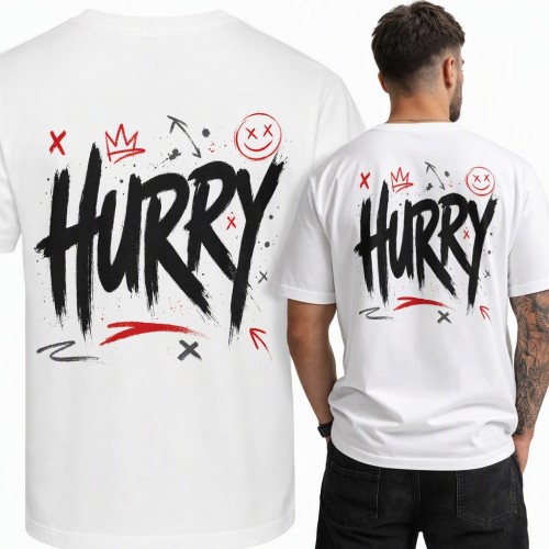 Koszulka męska graffiti „Hurry” z koroną i buźką - duży nadruk na plecach