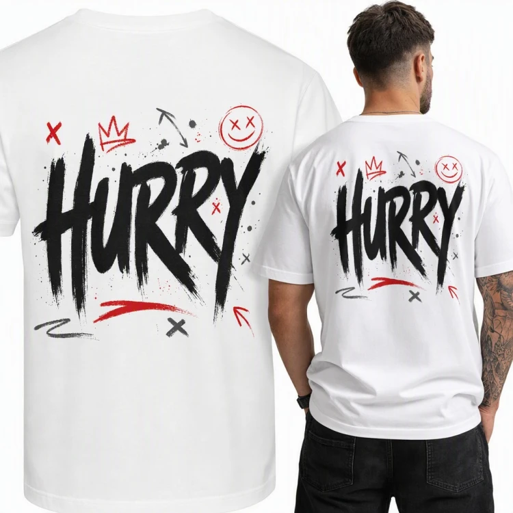 Koszulka męska graffiti „Hurry” z koroną i buźką - duży nadruk na plecach