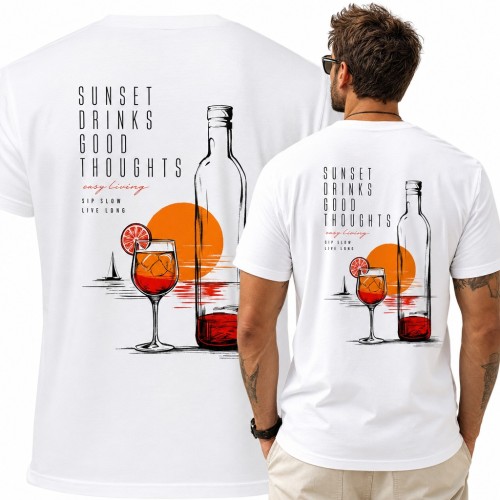 Koszulka męska z drinkiem i zachodem słońca „Sunset drinks good thoughts” - duży nadruk na plecach