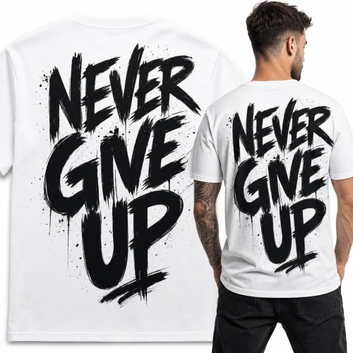 Koszulka męska „Never give up” w stylu graffiti - duży nadruk na plecach