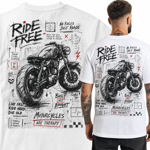 Koszulka męska „Ride free” ze szkicem motocykla dla motocyklisty - duży nadruk na plecach