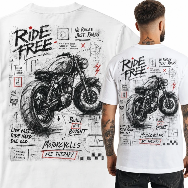 Koszulka męska „Ride free” ze szkicem motocykla dla motocyklisty - duży nadruk na plecach