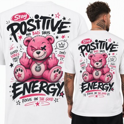 Koszulka męska „Stay Positive” z różowym misiem pokazującym środkowe palce - duży nadruk na plecach