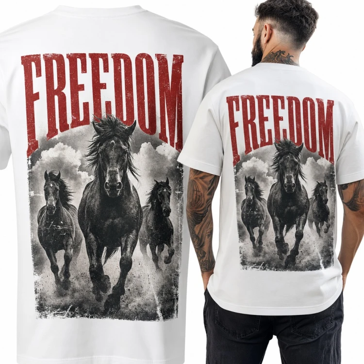 Koszulka męska „Freedom” z galopującymi czarnymi końmi - duży nadruk na plecach