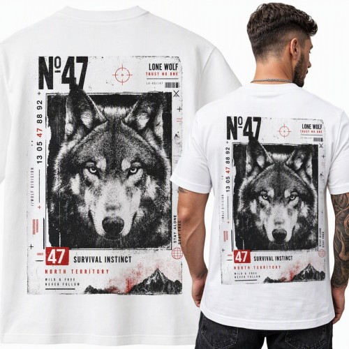 Koszulka męska „Lone Wolf” z wilkiem i numerem 47 - duży nadruk na plecach