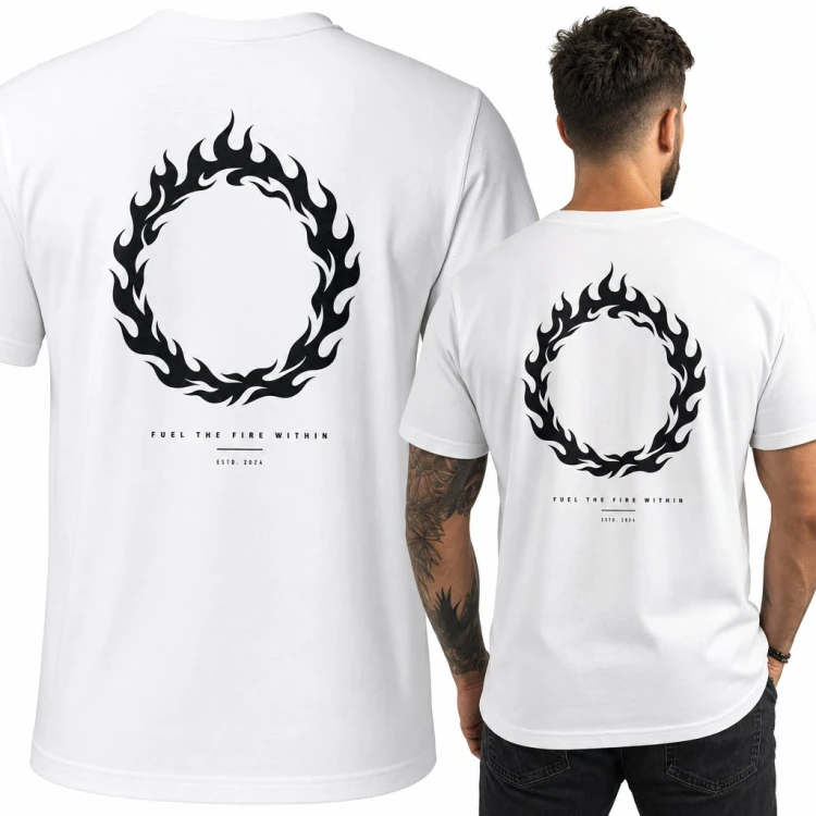 Koszulka męska z krągiem płomieni tribal „Fuel the fire within” - duży nadruk na plecach