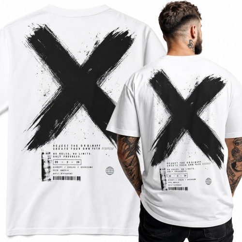 Koszulka męska streetwear z wielkim X i napisem „Reject the ordinary create your own path” - duży nadruk na plecach