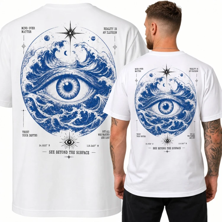 Koszulka męska oko w falach oceanu „See beyond the surface” - duży nadruk na plecach