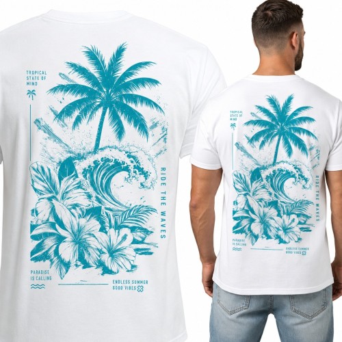 Koszulka męska „Ride the waves” z palmą, falą i hibiskusem - duży nadruk na plecach