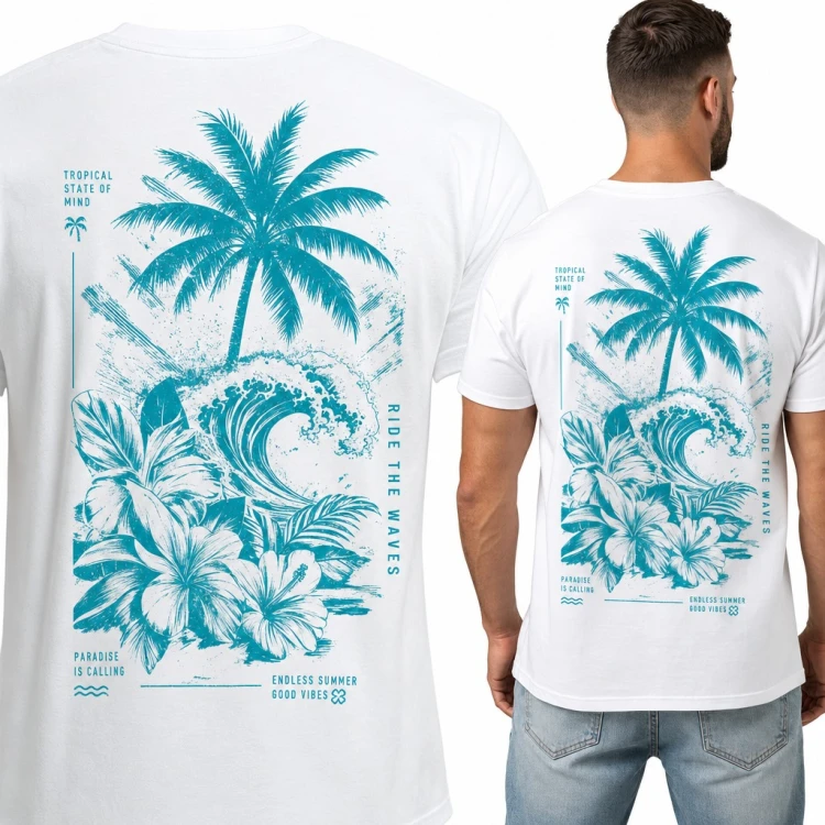 Koszulka męska „Ride the waves” z palmą, falą i hibiskusem - duży nadruk na plecach