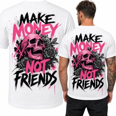 Koszulka męska z czaszką i napisem „Make money not friends” - duży nadruk na plecach