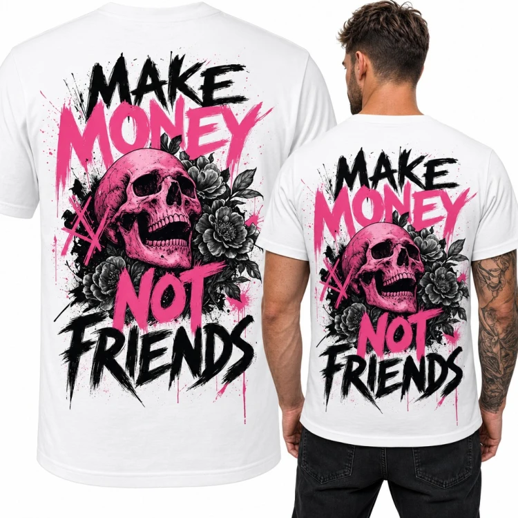 Koszulka męska z czaszką i napisem „Make money not friends” - duży nadruk na plecach