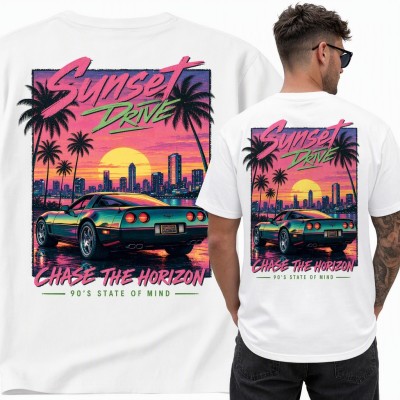 Koszulka męska „Sunset Drive” - retro auto o zachodzie słońca, duży nadruk na plecach