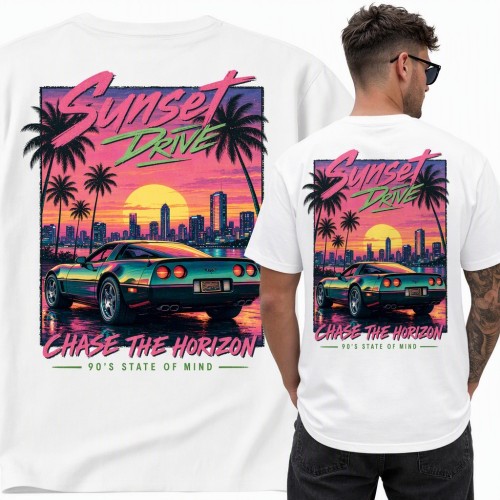 Koszulka męska „Sunset Drive” - retro auto o zachodzie słońca, duży nadruk na plecach