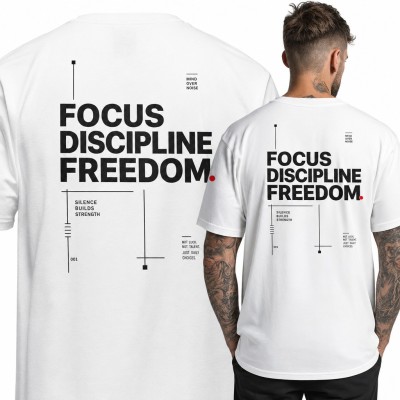 Koszulka męska motywacyjna „Focus discipline freedom” - duży nadruk na plecach