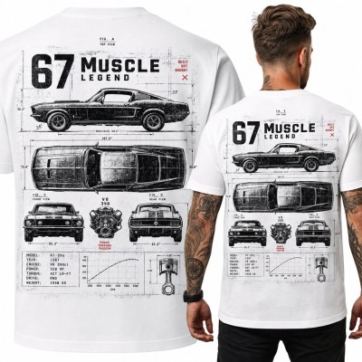 Koszulka męska „67 Muscle Legend” - rysunek techniczny auta V8 - duży nadruk na plecach