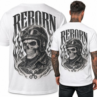 Koszulka męska „Reborn” z czaszką motocyklisty w kasku - duży nadruk na plecach