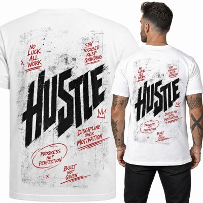 Koszulka męska „Hustle” z motywacyjnymi hasłami i koroną - duży nadruk na plecach