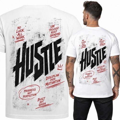 Koszulka męska „Hustle” z motywacyjnymi hasłami i koroną - duży nadruk na plecach