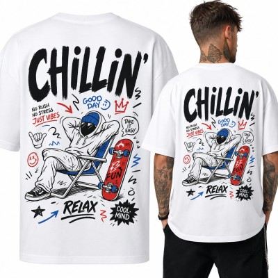Koszulka męska „Chillin'” - skater na leżaku z deskorolką, duży nadruk na plecach
