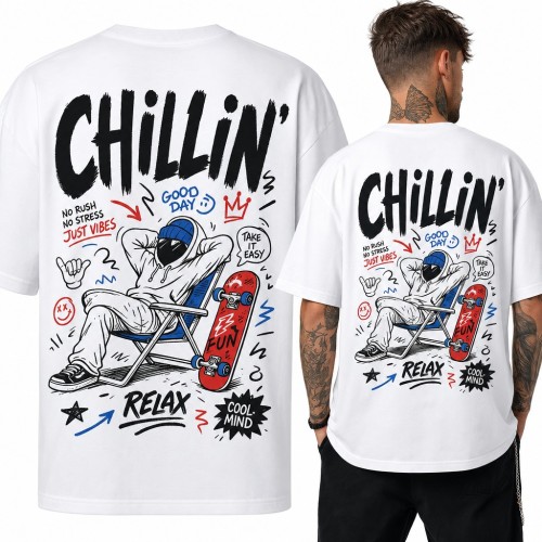 Koszulka męska „Chillin'” - skater na leżaku z deskorolką, duży nadruk na plecach